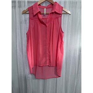 Paper Crane Womens Coral‎ Pink Sheer Chiffon Sleeveless High Low Button Down Top